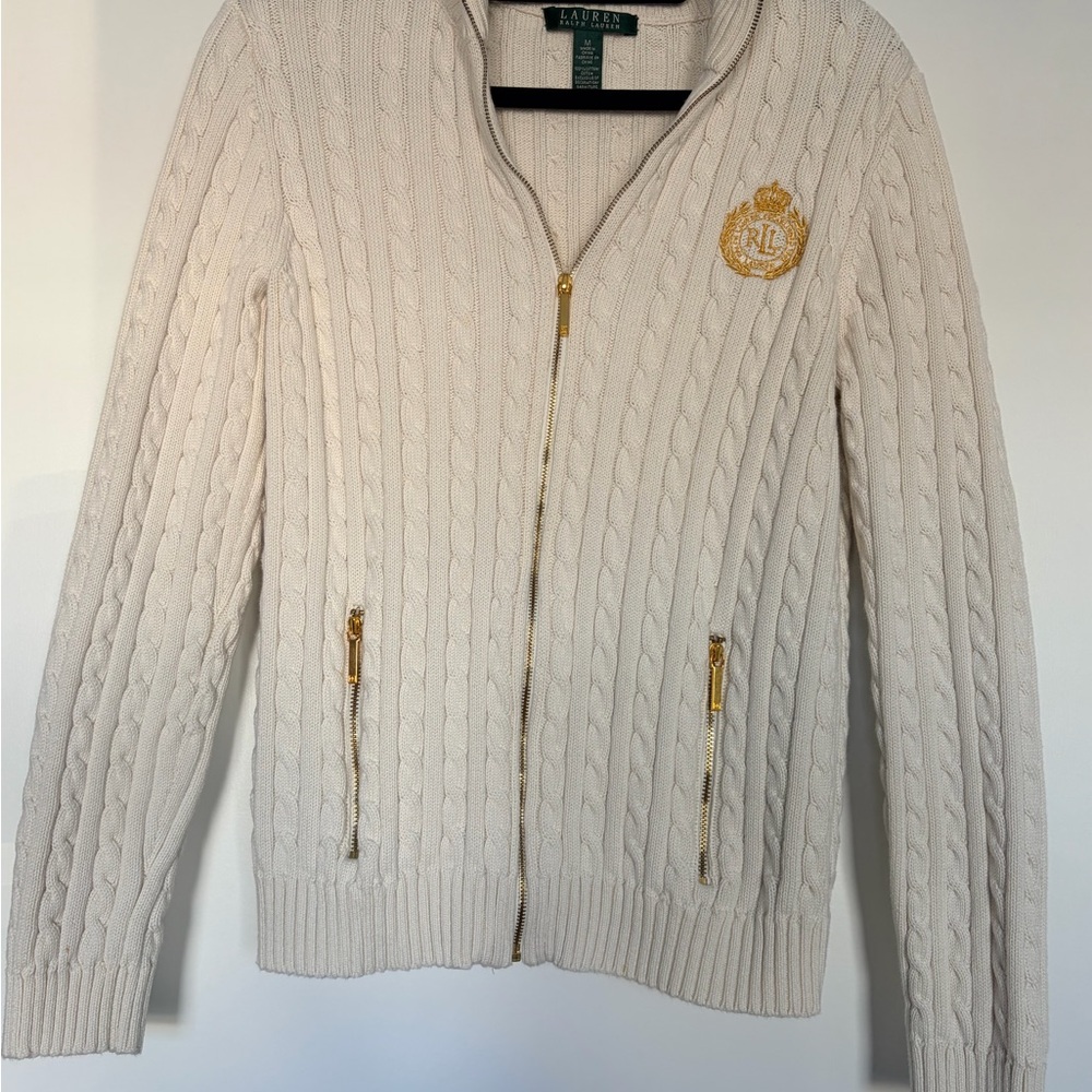 Lauren Ralph Lauren Cream Cable Knit Zip Up Sweater with Gold Accents